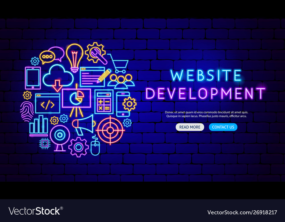 Website Development Neon Banner Design. Vector Illustration of Computer Promotion.